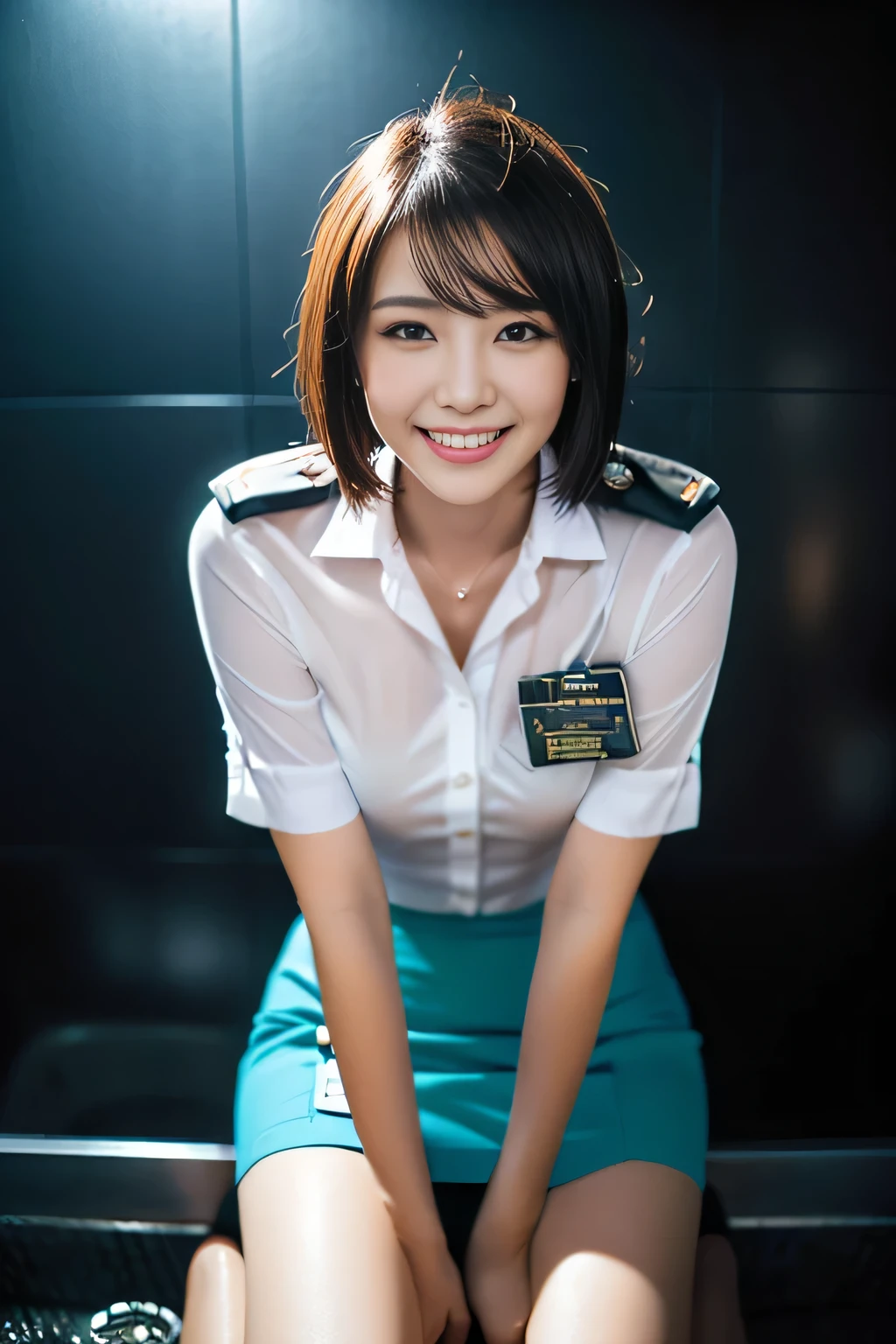 (a gorgeous lady,  21, Flight Attendant uniform, Shenzhen Airlines Stewardess, wet white shirt, wet red mini-skirt, kneeling in a steamy bathroom, dimpled smile, short ponytai hair, short bob hair, cute snaggleteeth, well-endowed round bosom, long flawless legs, photorealistic, beautiful detailed eyes, beautiful detailed face, hyper-realism, high contrast, ultra HD, realistic skin textures, top image quality, top-quality, super high resolution, fine details, very meticulously, close-up shot, head to thigh, romantic night, dark bokeh background)