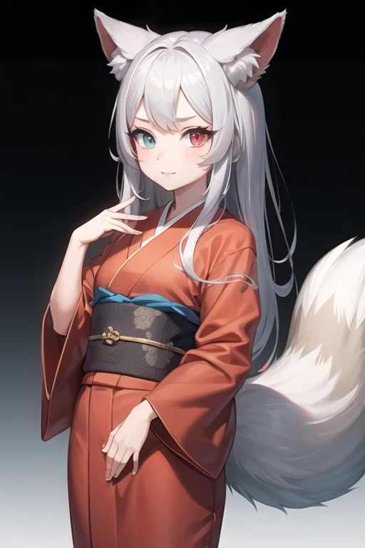 young girl with long grey hair, heterochromia 1 red eye and 1 grey eye, dressed in a kimono with a fox tail and fox ears