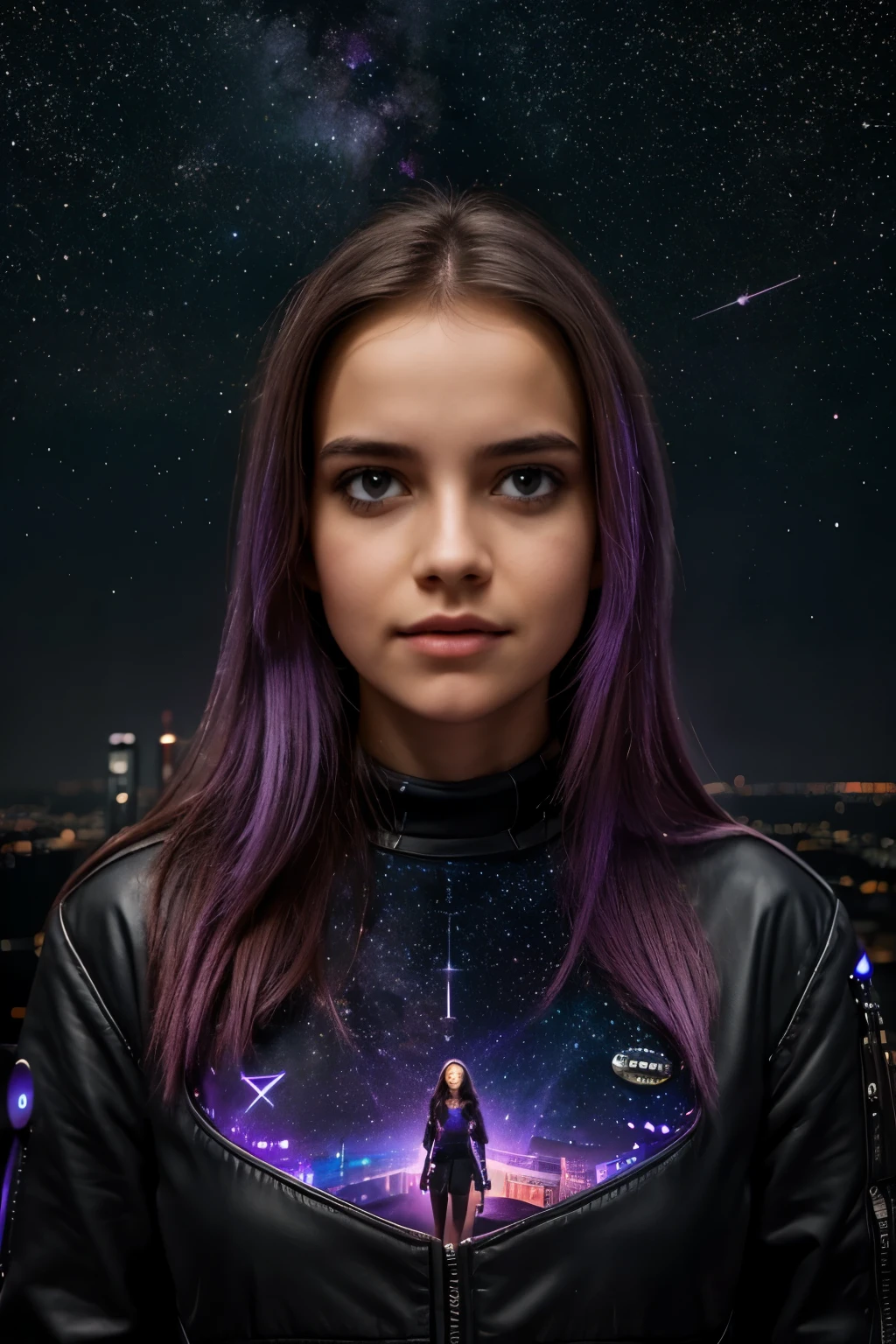 girl under starry sky with the constellations of the zodiac, shades of purple as if they were nebulae, vast space, cyberpunk city at the bottom, 