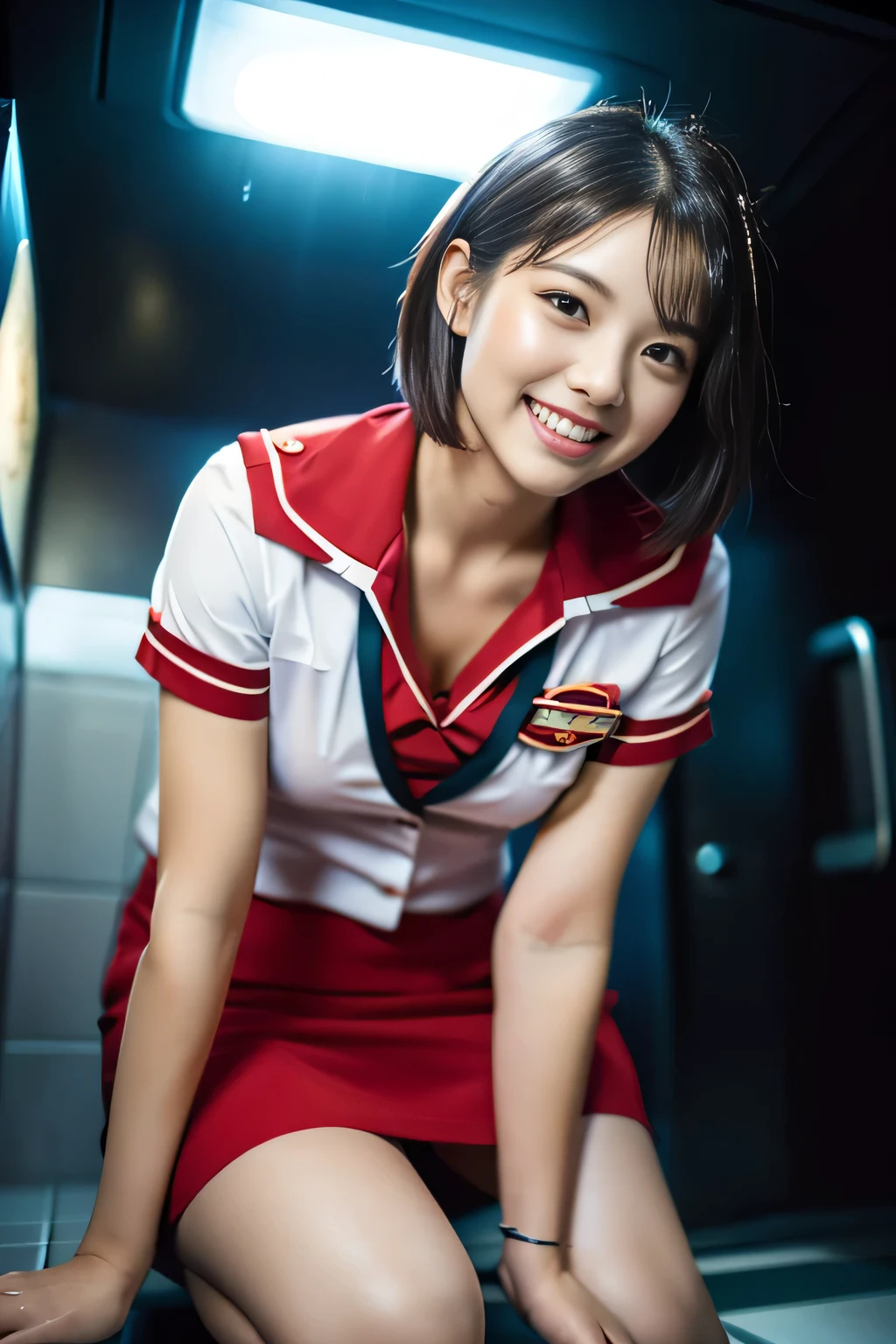 (a gorgeous lady, *** 21, Flight Attendant uniform, Shenzhen Airlines Stewardess, wet white shirt, wet red mini-skirt, kneeling in a steamy bathroom, dimpled smile, short ponytai hair, short bob hair, cute snaggleteeth, well-endowed round bosom, long flawless legs, photorealistic, beautiful detailed eyes, beautiful detailed face, hyper-realism, high contrast, ultra HD, realistic skin textures, top image quality, top-quality, super high resolution, fine details, very meticulously, close-up shot, head to thigh, romantic night, dark bokeh background)