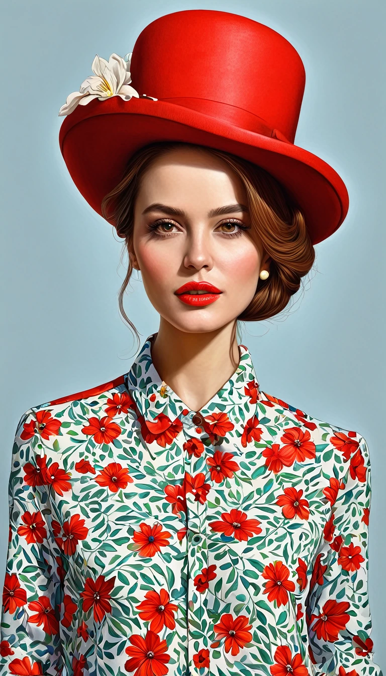 create a woman with red elegant hat ,with flower shirt, masterpiece, estilo illustration de Ali Erturk, high detail, hyperrealistic, natural light,illustration , Bright colors