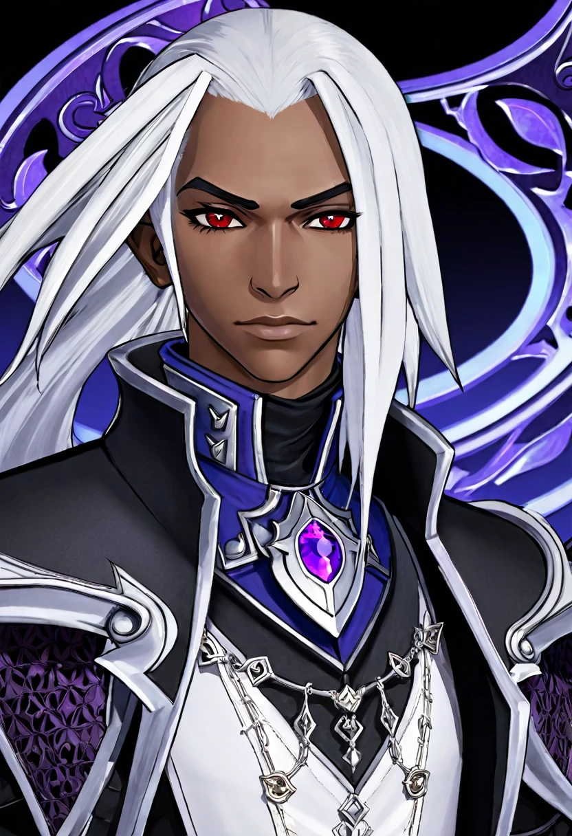 ((best quality)), ((masterpiece)), (detailed), ((boy)),, (dungeonpunk), (steampunk), half-drow, portrait, red eyes, long white hair, Xemnas from Kingdom Hearts, half-drow, brown skin with a purple hue, (full knight armor), paladin, serious faces
