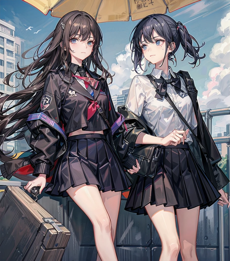 whole body, delicate facial features, medium tits, medium hair, black hair, tearful mole, earring, 3girls, different clothes, school_uniform, shirt, skirt,
