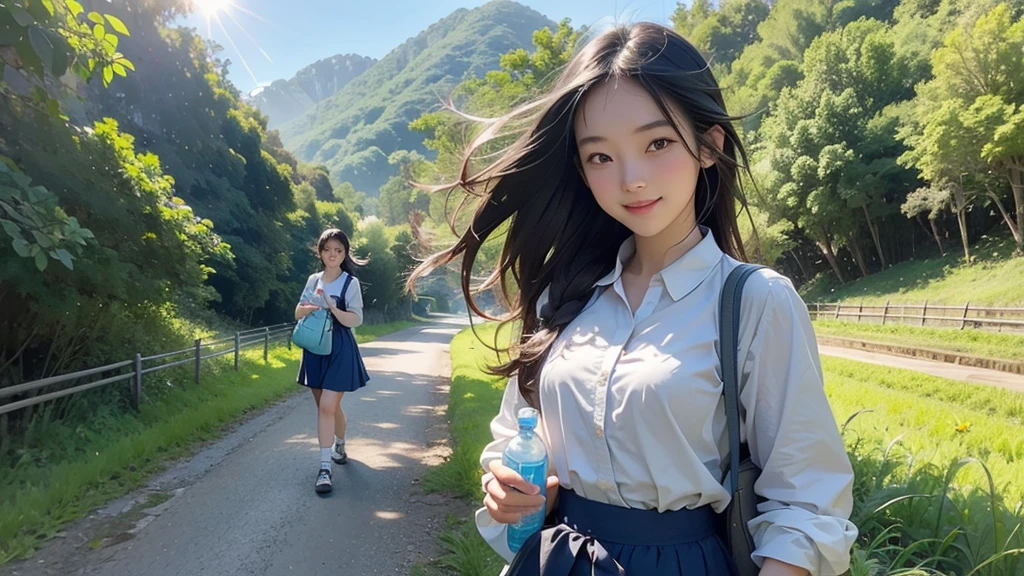 8K、RAW Photos、Highest quality、Super detailed、Super Resolution、Ultra HD、8K壁紙、Amazing details summer、A rural road lined with rice fields、Woman walking on a country road、 school girl in uniform、Drink water、School bag、Blue sky、Shining Sun、Water bottle、smile
