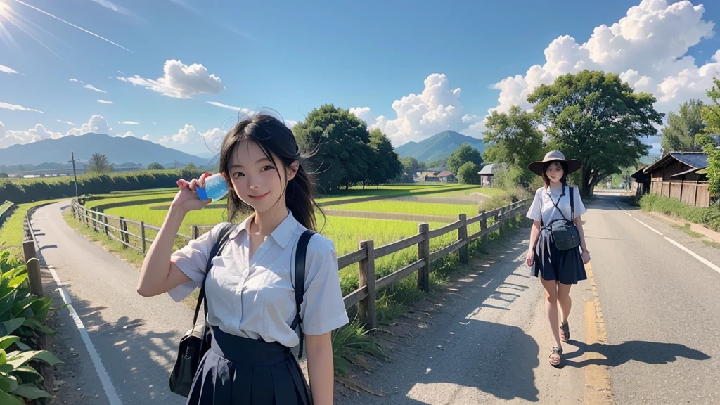 8K、RAW Photos、Highest quality、Super detailed、Super Resolution、Ultra HD、8K壁紙、Amazing details summer、A rural road lined with rice fields、Woman walking on a country road、 school girl in uniform、Drink water、School bag、Blue sky、Shining Sun、Water bottle、smile