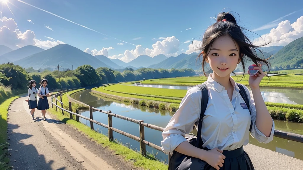 8K、RAW Photos、Highest quality、Super detailed、Super Resolution、Ultra HD、8K壁紙、Amazing details summer、A rural road lined with rice fields、Woman walking on a country road、 school girl in uniform、Drink water、School bag、Blue sky、Shining Sun、Water bottle、smile