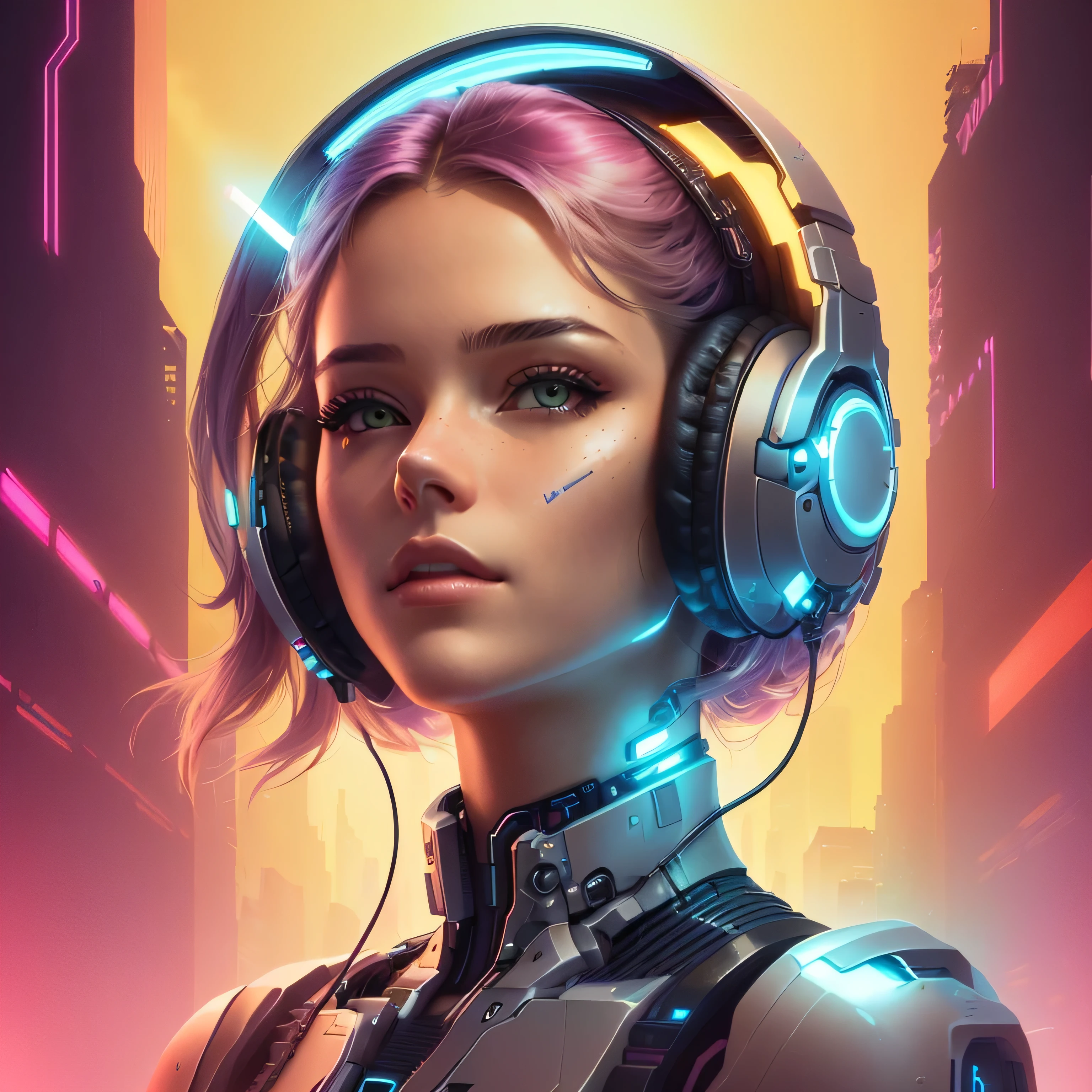 a closeup of a woman wearing headphones in a city, portrait beautiful science fiction girl, linda chica cyborg, the portrait of the cyberpunk girl, light wave girl portrait, cyberpunk dreamy girl, beautiful cyberpunk girl, beautiful cyborg girl, futuristic art style, cyberpunk art style, beautiful cyberpunk girl face, Detailed 4K digital art, portrait of a cyberpunk cyborg