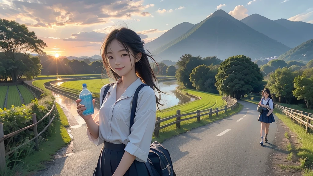 8K、RAW Photos、Highest quality、Super detailed、Super Resolution、Ultra HD、8K壁紙、Amazing details summer、evening、sunset、A rural road lined with rice fields、Woman walking on a country road、16 year old school girl in uniform、Drink water、School bag、Blue sky、Shining Sun、Water bottle、smile
