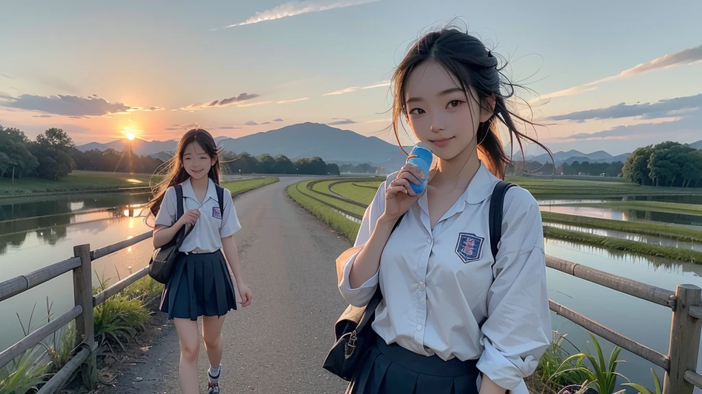 8K、RAW Photos、Highest quality、Super detailed、Super Resolution、Ultra HD、8K壁紙、Amazing details American blazer uniform girl ((White blouse with formal collar, Blue blazer, Blue plaid skirt, Red checkered ribbon on blouse)), Complete limbs, Full Finger,
A large sunflower field in the countryside、Straight road、Walk through the sunflower field,smile、sun、School bag、Heart Necklace
(((Emphasize cleavage)))
(((Full body photo)))
((Blue sky))