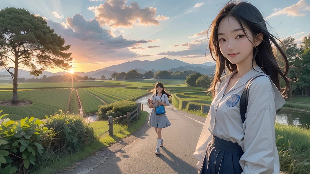 8K、RAW Photos、Highest quality、Super detailed、Super Resolution、Ultra HD、8K壁紙、Amazing details summer、evening、sunset、A rural road lined with rice fields、Woman walking on a country road、 school girl in uniform、Drink water、School bag、Blue sky、Shining Sun、Water bottle、smile
