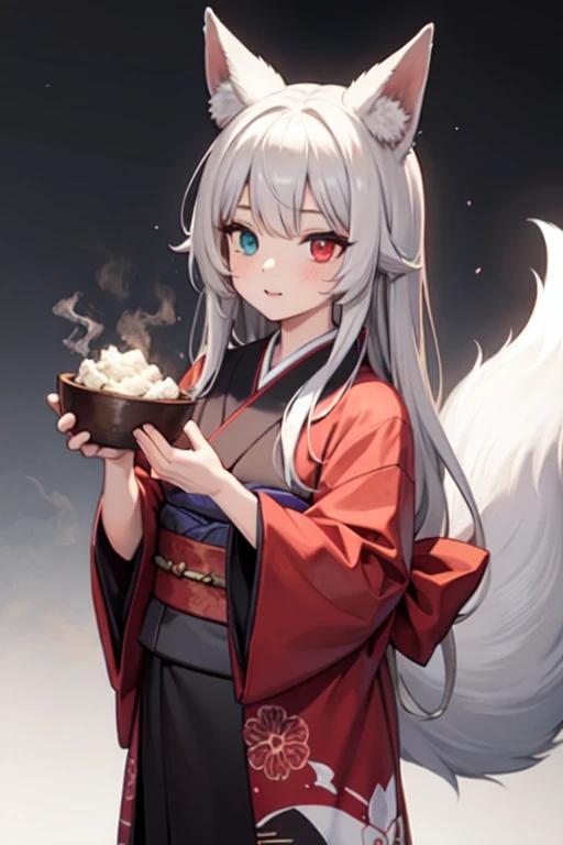 young girl with long grey hair, heterochromia 1 red eye and 1 grey eye, dressed in a kimono with a fox tail and fox ears