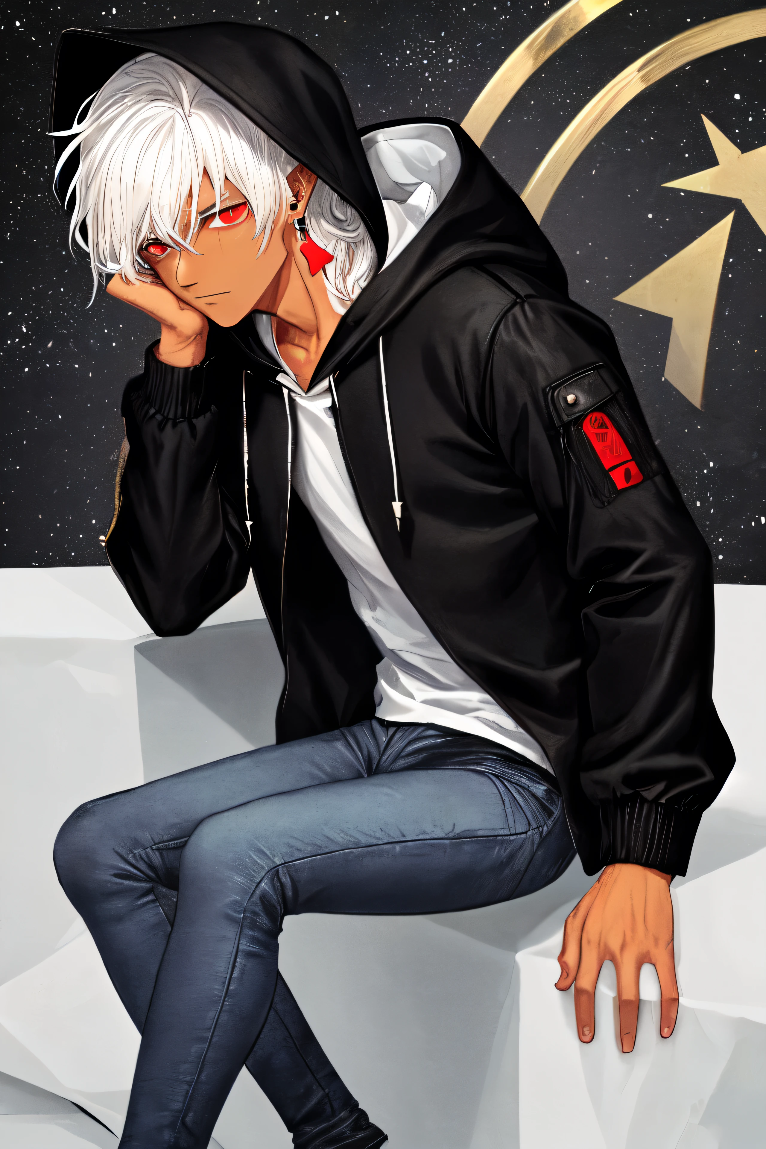 One man, slightly tanned, with medium-length white hair, red eyes, a black star-shaped earring on the left ear, a long black hooded jacket,
Black jeans.