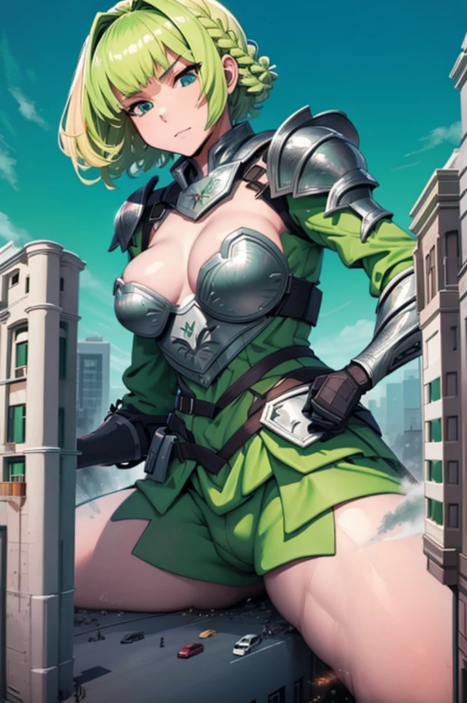 GtsGiga,knight,steel plated armor,green accents,muscalr,fair skin ton,giantess art,cityscape,Rampage, short hair,blonde,french braids,best quailty,masterpiece,mature meduim bosom,solo,1girl,dark knight