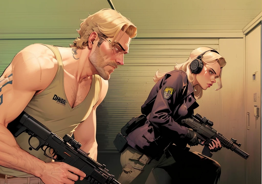 a cartoon of a man with a gun and a woman with a gun, dale keown and van sciver, detail shot, bob larkin and tomer hanuka, color spread, phil noto, inspired by Steve Dillon, not cropped, exploitable image, as illustrated in top cow comics, phil noto comic art, art gta 5 comics, jake parker