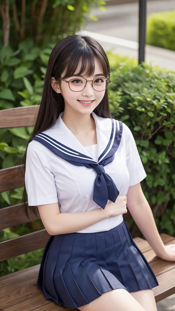 Glasses, Sailor uniform, Smiling, Short skirt, Sitting next to someone, Talking together, Short sleeves, A little bit of her chest is visible, Large chest, Thick arms