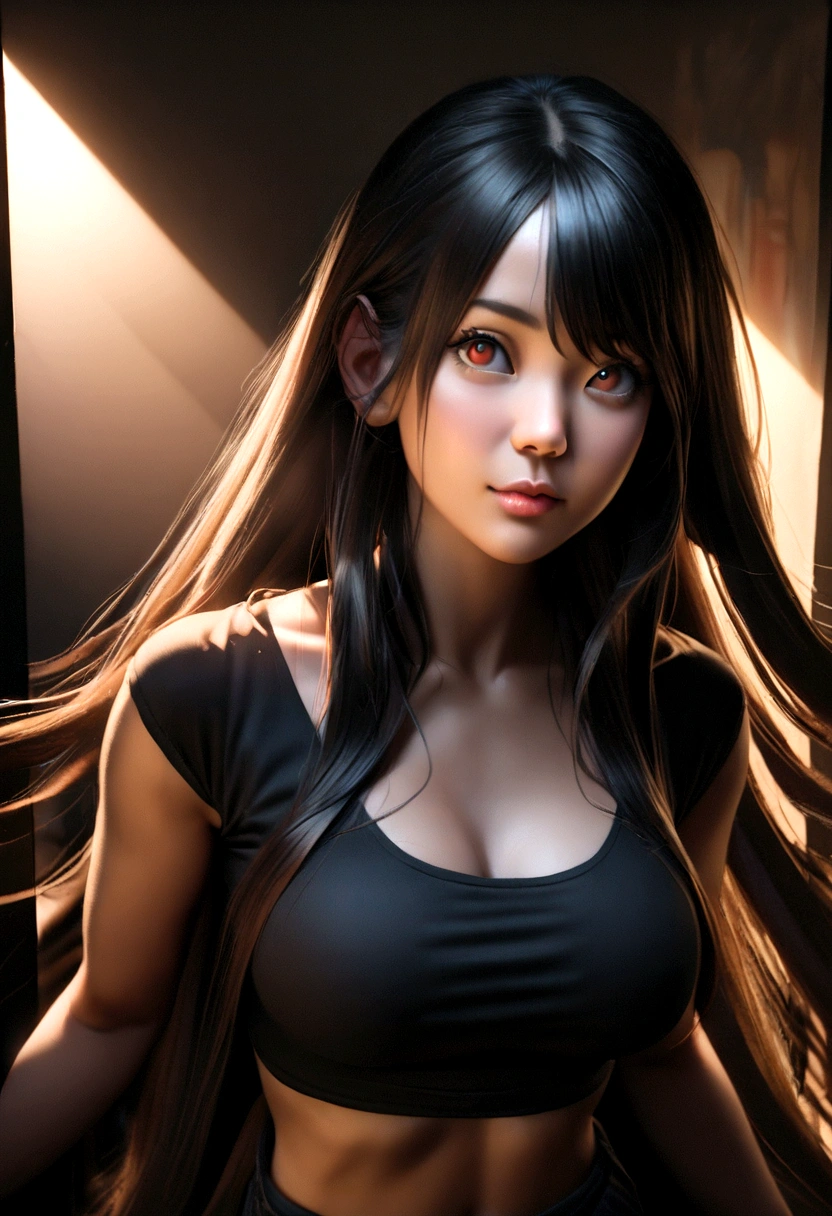 Natural photo of a beautiful girl, wear a loose crop top, relying on, long flowing hair, Big bust, looks at the camera, symmetrical eyes, symmetrical face, Photorealistic, photo, path tracing, mirror lighting, volumetric light for face, path of drawn hair, Visible shadows, difficult, Develop