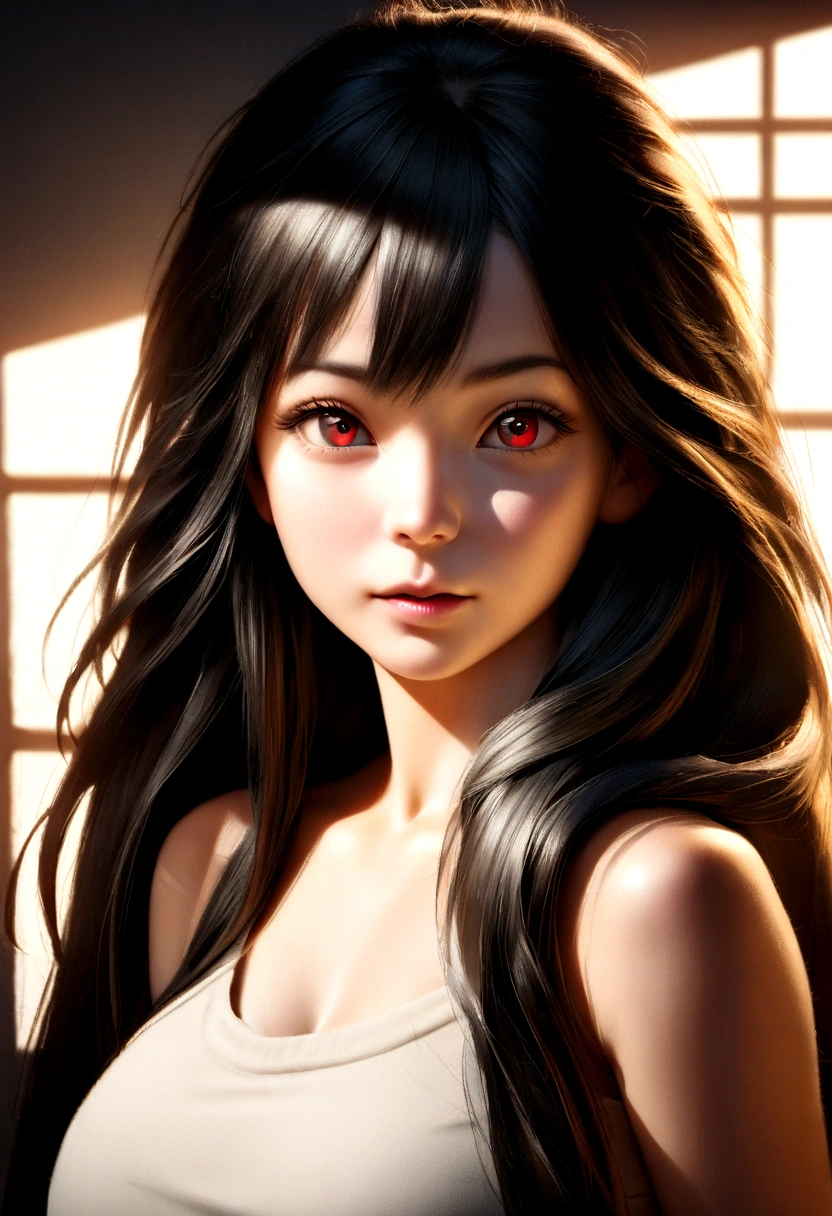 Natural photo of a beautiful girl, wear a loose crop top, relying on, long flowing hair, Big bust, looks at the camera, symmetrical eyes, symmetrical face, Photorealistic, photo, path tracing, mirror lighting, volumetric light for face, path of drawn hair, Visible shadows, difficult, Develop