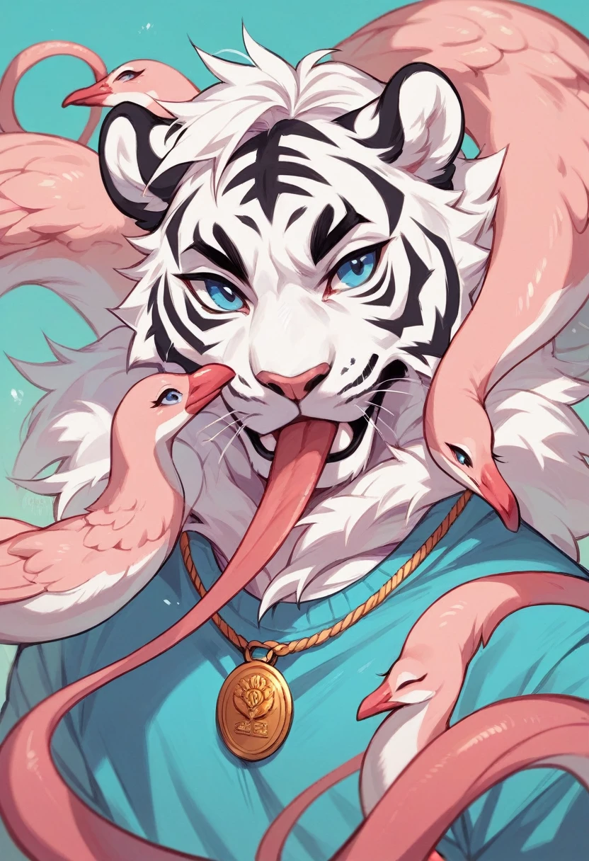 white tiger with blue eyes with a first place medal in his neck wining a race in first place and in second place a pink flamingo