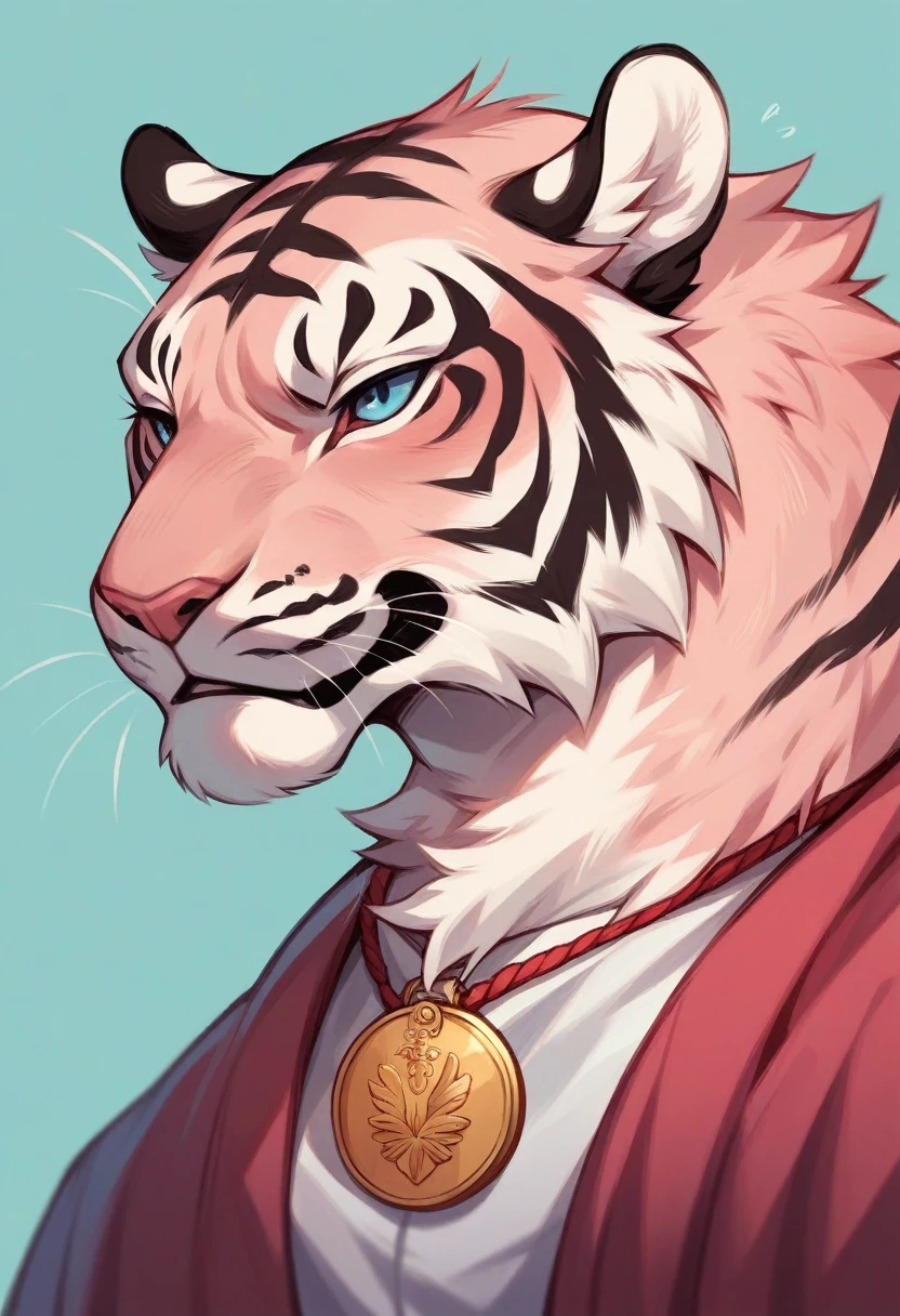 white tiger with blue eyes with a first place medal in his neck wining a race in first place and in second place a pink flamingo