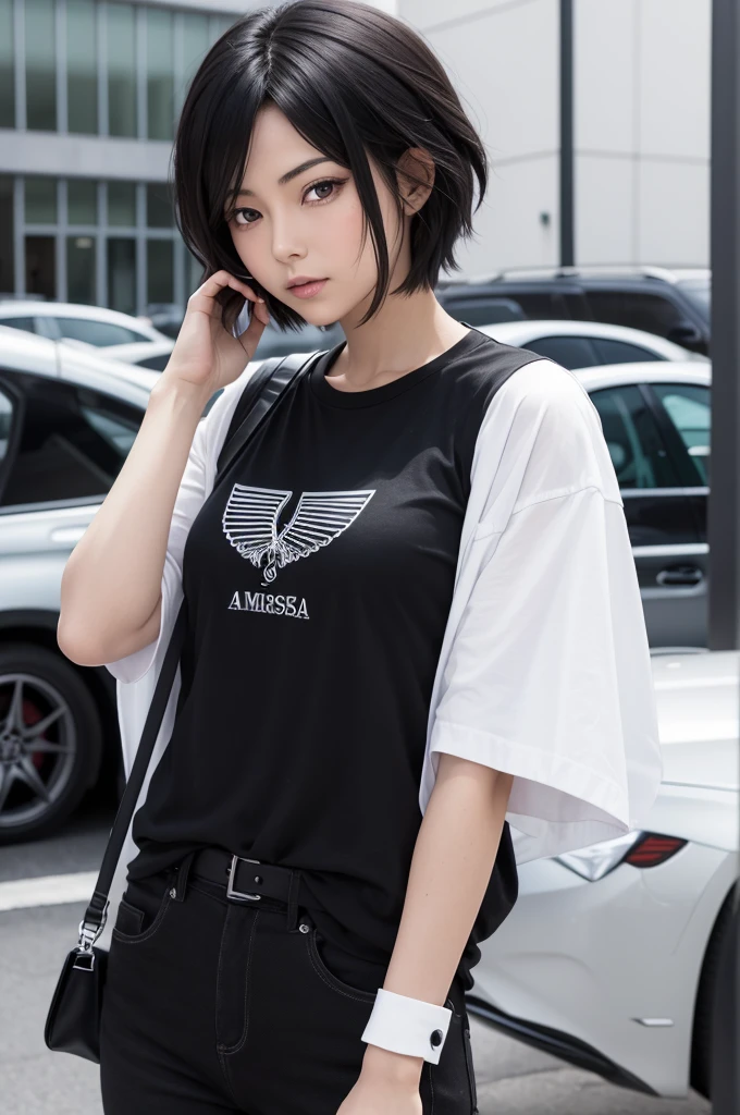 Mikasa from the anime with a black Mercedes shirt