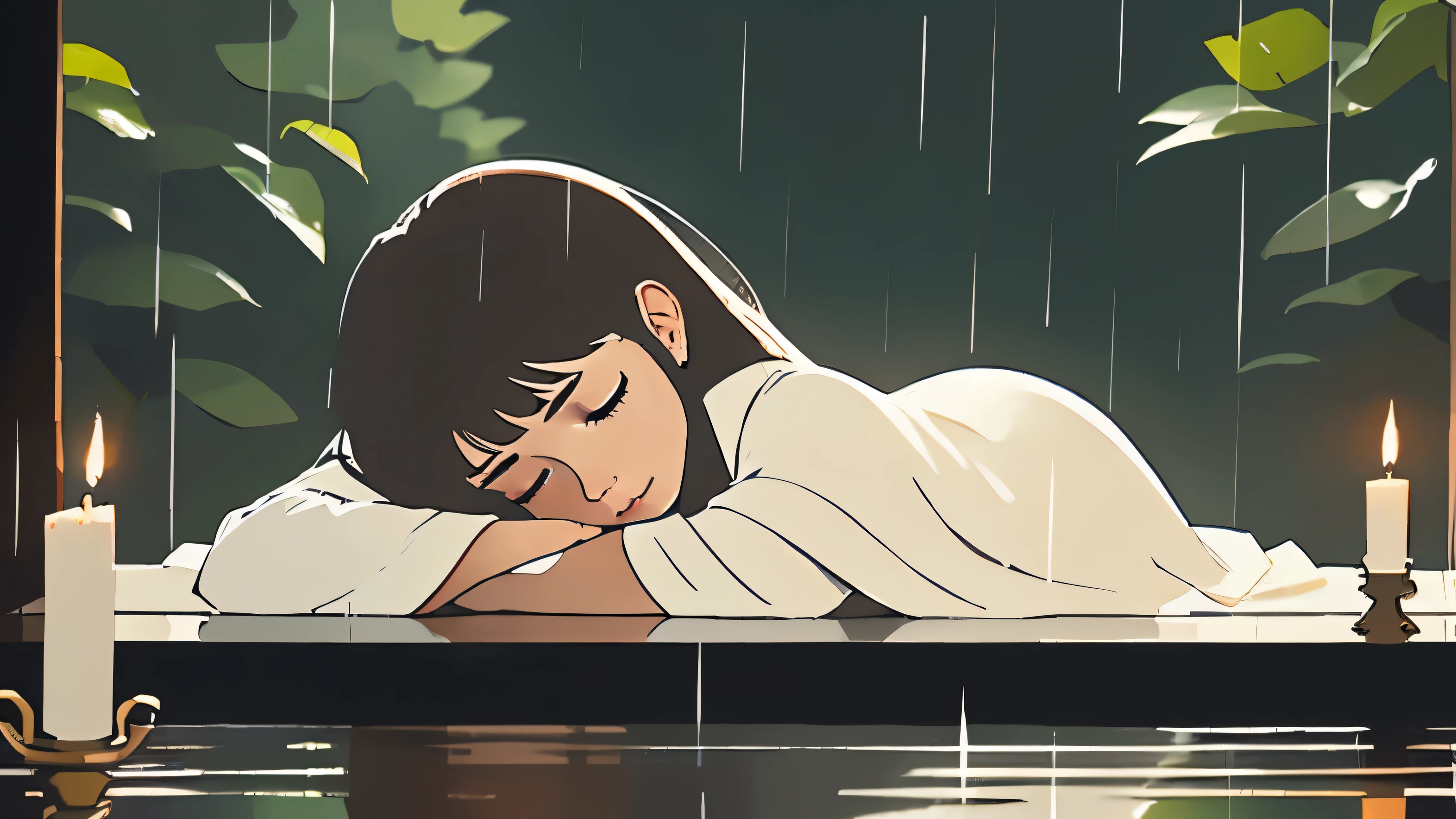 A young woman lies sleeping, her face peaceful and serene, as a soft, contemplative piano melody and the gentle patter of rain create a soothing, dreamy atmosphere around her. The scene has a tranquil, introspective quality, inviting the viewer to experience a moment of restful repose.