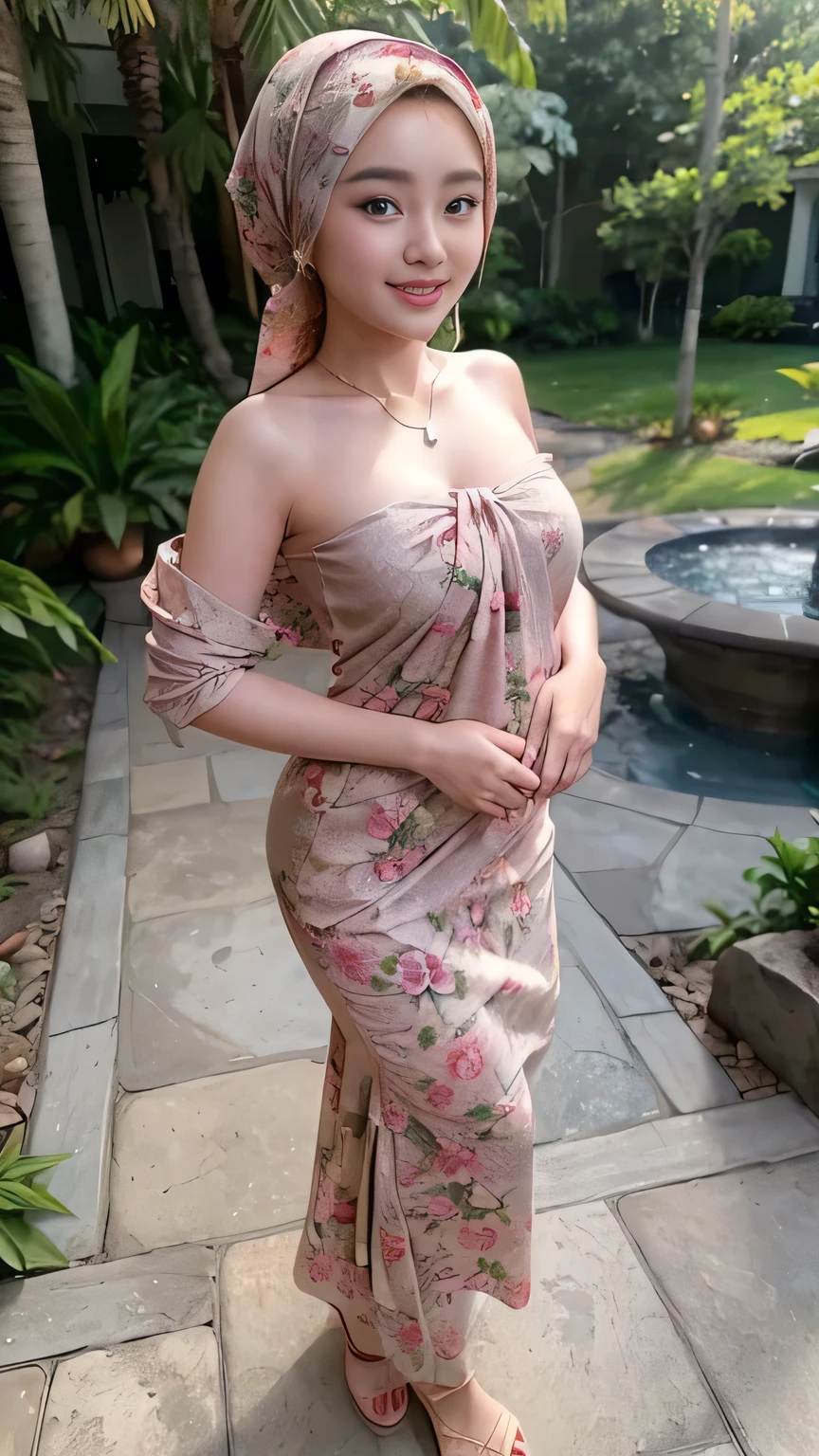 Beautiful, cute , 21 Years old indonesian girl, ((wearing batik hijab)) and full naked, Rounded medium Breast, slightly chubby, open breast, nipple, nude, perfect pussy, slightly Chubby , luxury necklace, White Skin, Smiling, flower garden Background, day light,mid shot, full body, Perfect Potrait, Bokeh Effect, Look at Viewer, small breast, ((adorable:1.2)), ((masterpiece:1.1)), ((bokeh:1.2))