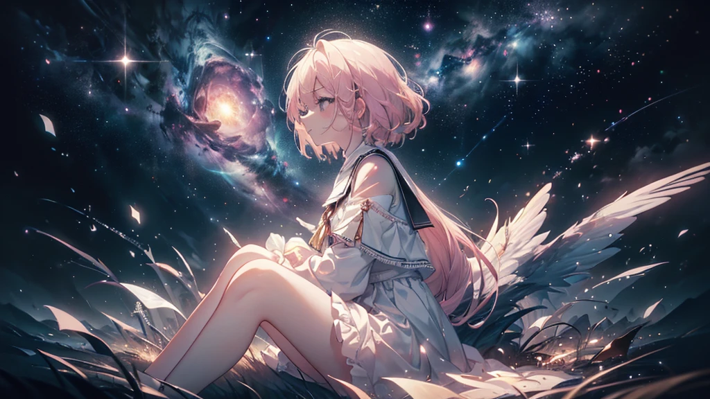 (((Highest quality、masterpiece、Ultra-fine、Ultra-fine、Exquisite、16K、Full HD,high school girl,))) 、Sitting,((Sad), (((profile,Looking up)))) 、Dark Eyes、Long eyelashes、White skin、(Pale pink lips、Pale pink cheeks、thin and long)、 ((cute)) ((One person)) 、((Glare)) 、Wide Shot、Space galaxy background、(A magnificent composition、epic proportion)、Dynamic lighting、