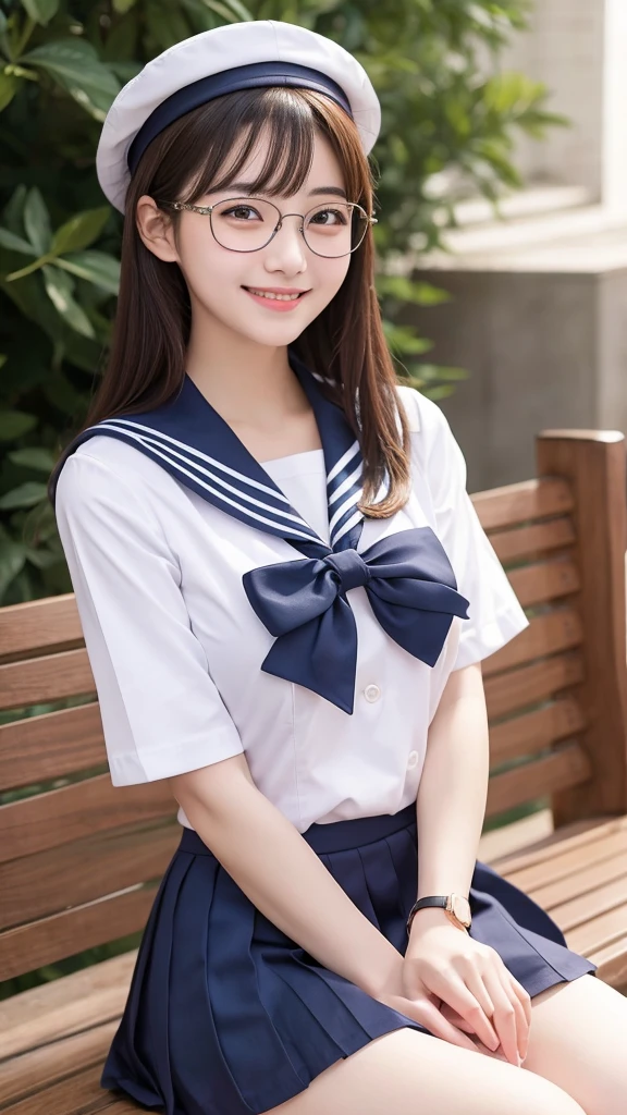 Glasses, Sailor uniform, Smiling, Short skirt, Sitting next to someone, Talking together, Short sleeves, Some of her breasts are visible, Large breasts, Thick arms, Wearing a hat