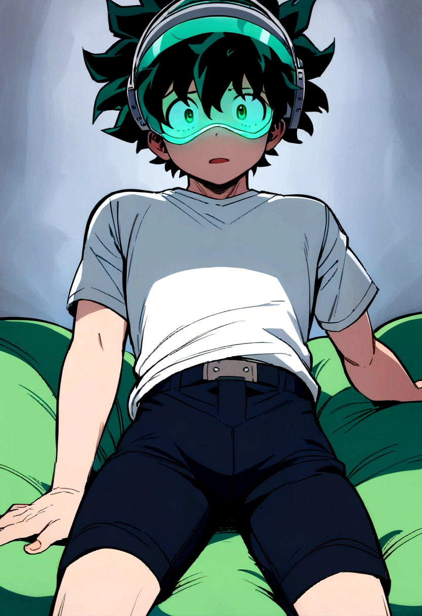 (masterpiece, best quality:1.2), solo, male focus, 1boy, midoriya izuku, short green hair, green eyes, white t-shirt, black shorts, green domed helmet with transparent visor over eyes, mind control device, blank expression, mouth hanging open, sitting in bean bag, relaxed posture, arms hanging limply, anime style, my hero academia style, view from angle, 