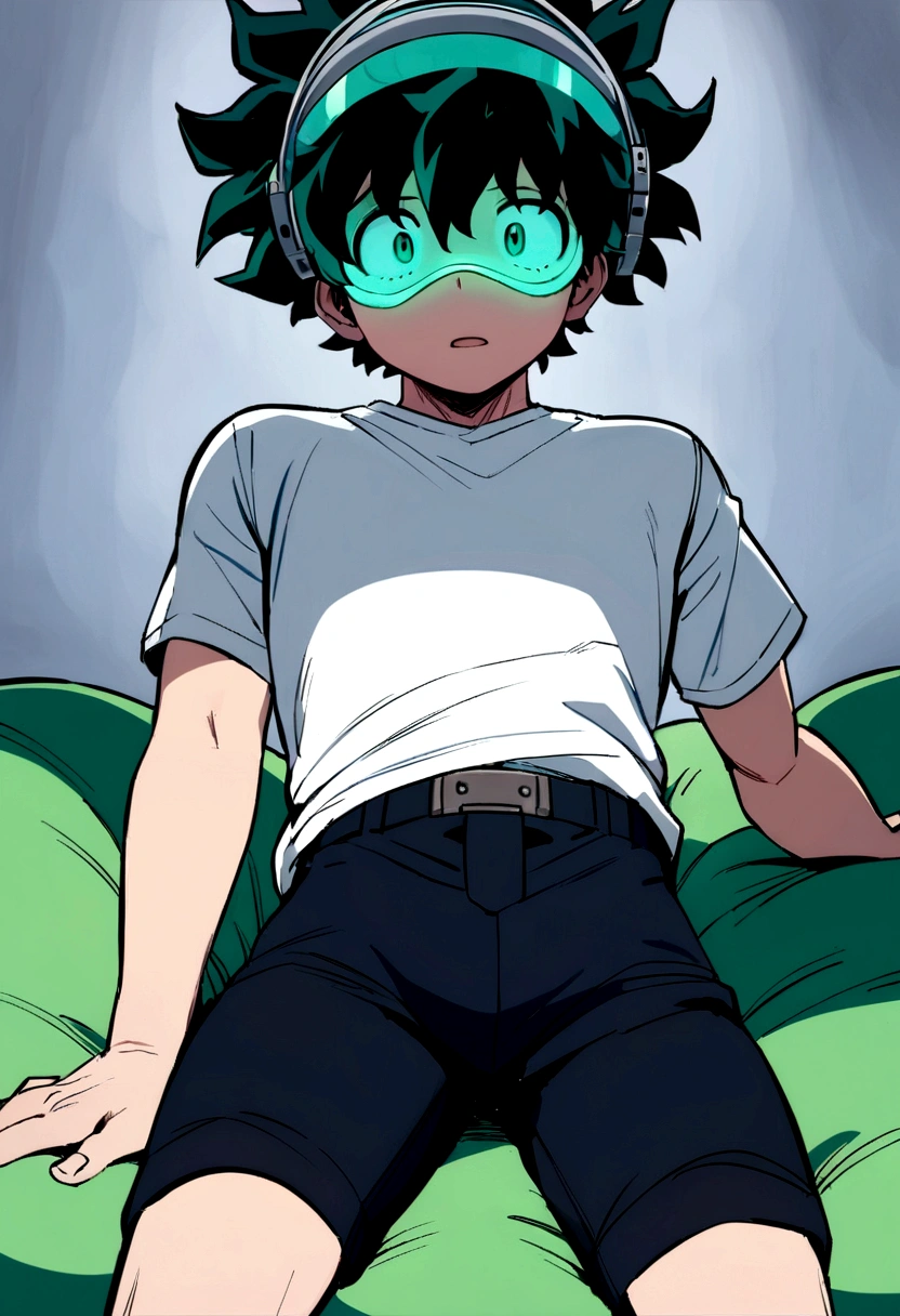 (masterpiece, best quality:1.2), solo, male focus, 1boy, midoriya izuku, short green hair, green eyes, white t-shirt, black shorts, green domed helmet with transparent visor over eyes, mind control device, blank expression, mouth hanging open, sitting in bean bag, relaxed posture, arms hanging limply, anime style, my hero academia style, view from angle,