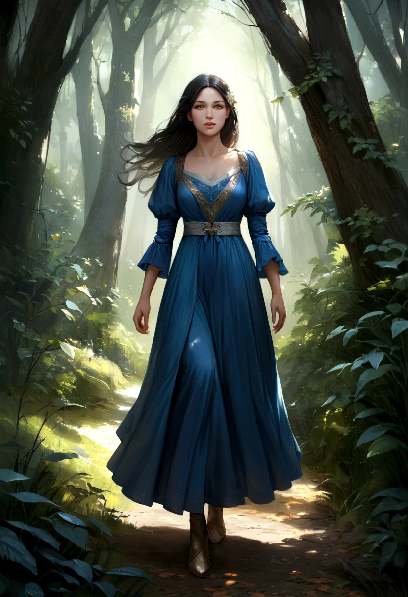 A beautiful woman wearing a medival blue dress with long black hair. Realistic, best quality, soft light, ultra high res, girl, solo, cute, detailed beautiful face, full body. She is in a forest.