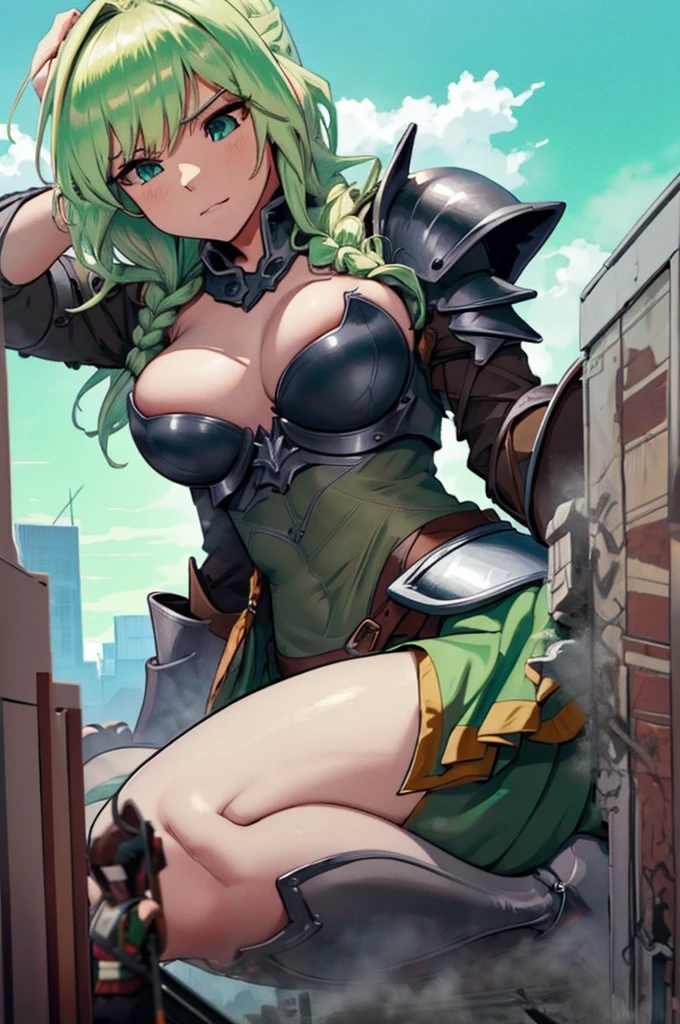 GtsGiga,knight,steel plated armor,green accents,muscalr,fair skin ton,giantess art,cityscape,Rampage, short hair,blonde,french braids,best quailty,masterpiece,mature meduim bosom,solo,1girl,dark knight