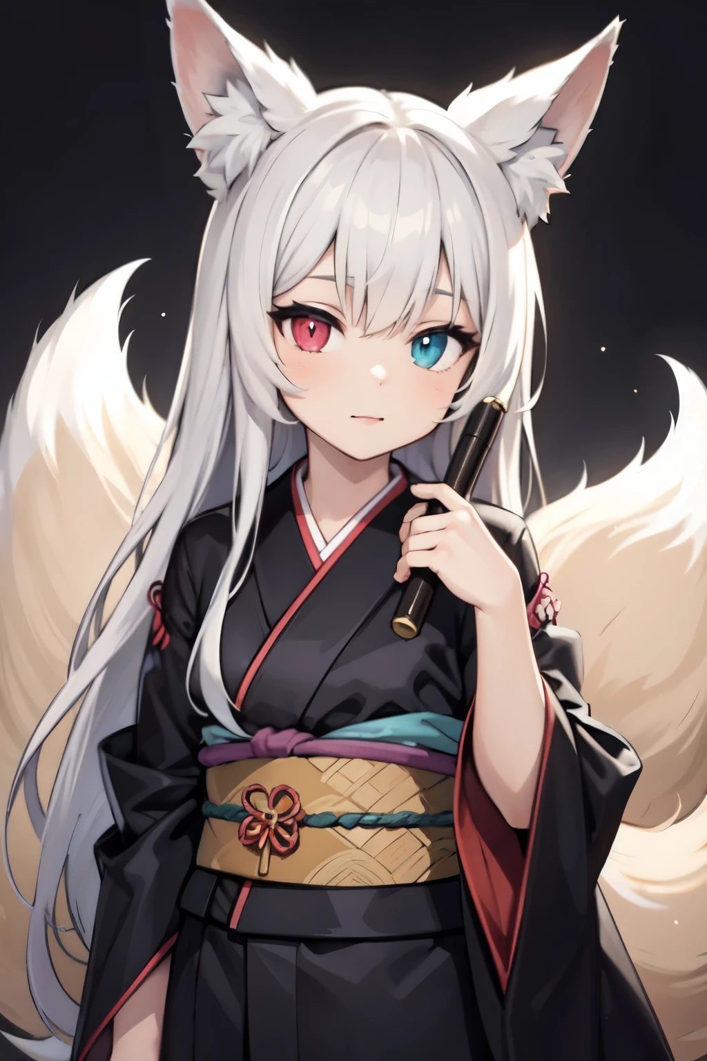 young girl with long grey hair, heterochromia eyes, dressed in a kimono with a fox tail and fox ears
