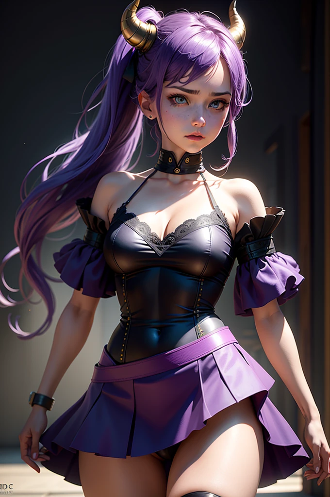 (8k, Raw photo, best quality, masterpiece), ultra high resolution, (realistic, photorealistic), 1girl, emotionless, only, purple hair tied up, Blue eyes, two small horns,
Waifu.
Professional lighting, Detailed lighting, backlighting, depth of field, Natural lighting, intense focus, two meters shooting distance, professional photoshoot, Detailed eyes, realistic eyes, detailed shadow, cg game, Cosplay,
Sexy clothes
