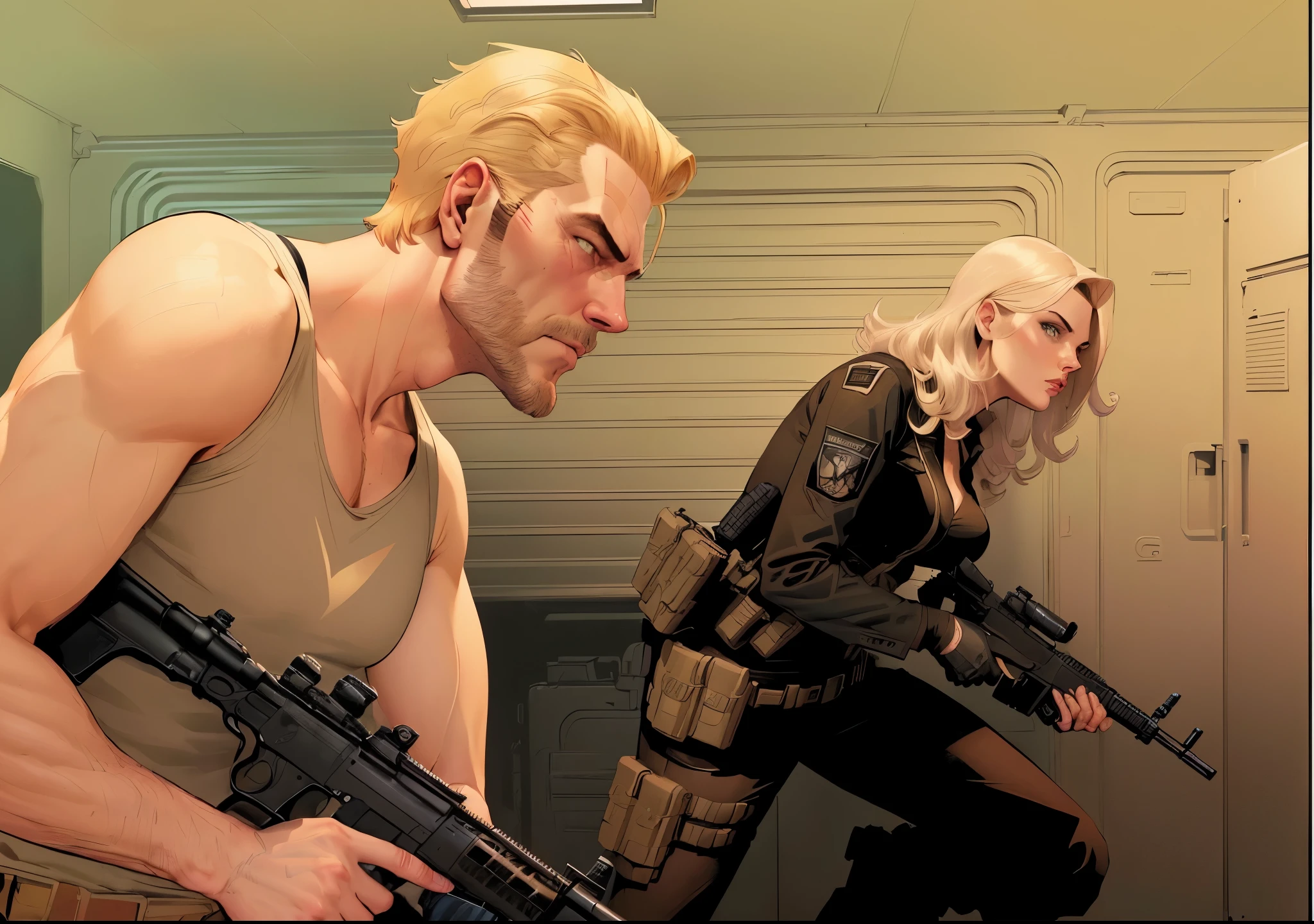 a cartoon of a man with a gun and a woman with a gun, dale keown and van sciver, detail shot, bob larkin and tomer hanuka, color spread, phil noto, inspired by Steve Dillon, not cropped, exploitable image, as illustrated in top cow comics, phil noto comic art, art gta 5 comics, jake parker