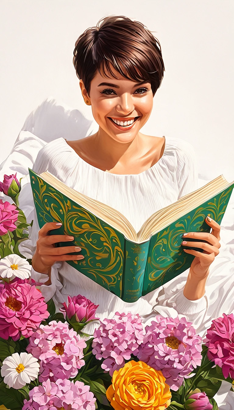 create a woman smiling pixie short hair , Flowers, reading a book masterpiece, illustration style by Ali Erturk, high detail, hyperrealistic, natural light, illustration, Bright colors