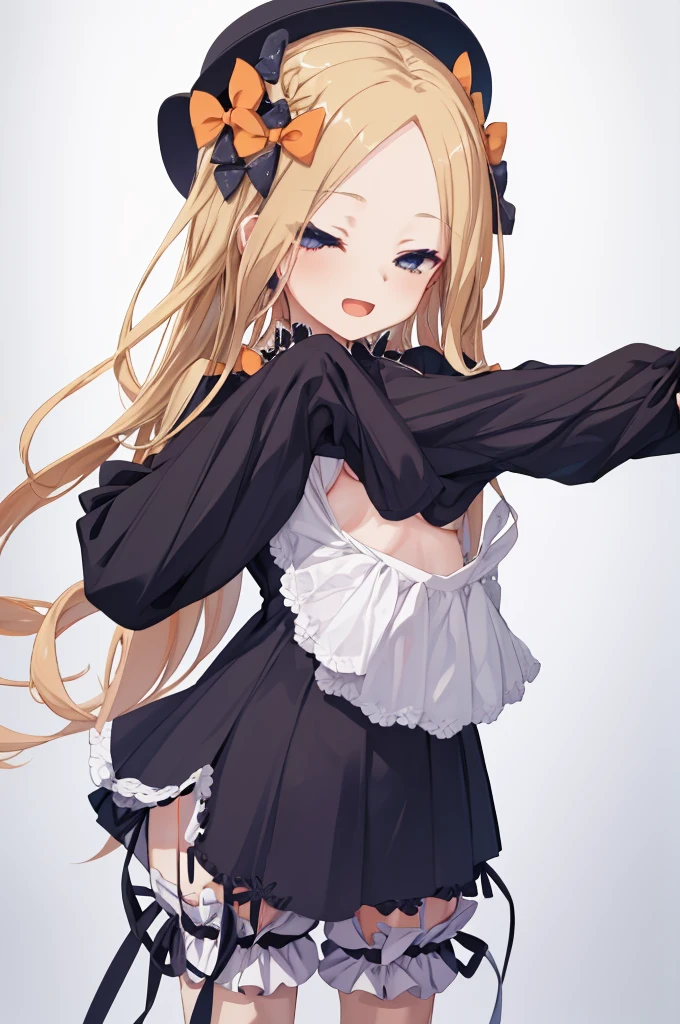 nsfw,((One man and one woman,Having sex)),寝そべっている,Showing off her nipples,masterpiece, best quality, highres, hmaw1, long hair, hat, black dress, long sleeve, black sleeves, white bloomers, cowboy shot,Open Mouth Smile, Simple Background