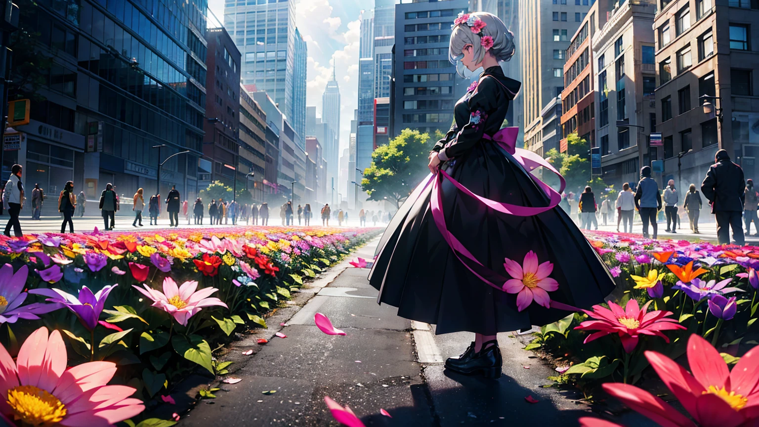 A vibrant flower blooms on the dirty ground of a large gray avenue. A crowd of gray, soulless people crosses the streets. A colorful , shining with bright tones, stands protectively over the flower, protecting her with his little hands and determined eyes. Sunlight breaks through the dark clouds.