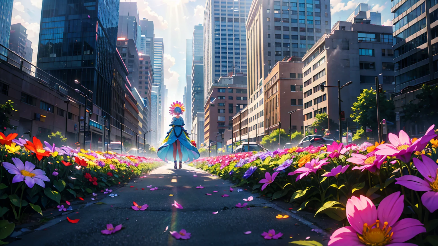 A vibrant flower blooms on the dirty ground of a large gray avenue. A crowd of gray, soulless people crosses the streets. A colorful , shining with bright tones, stands protectively over the flower, protecting her with his little hands and determined eyes. Sunlight breaks through the dark clouds. 