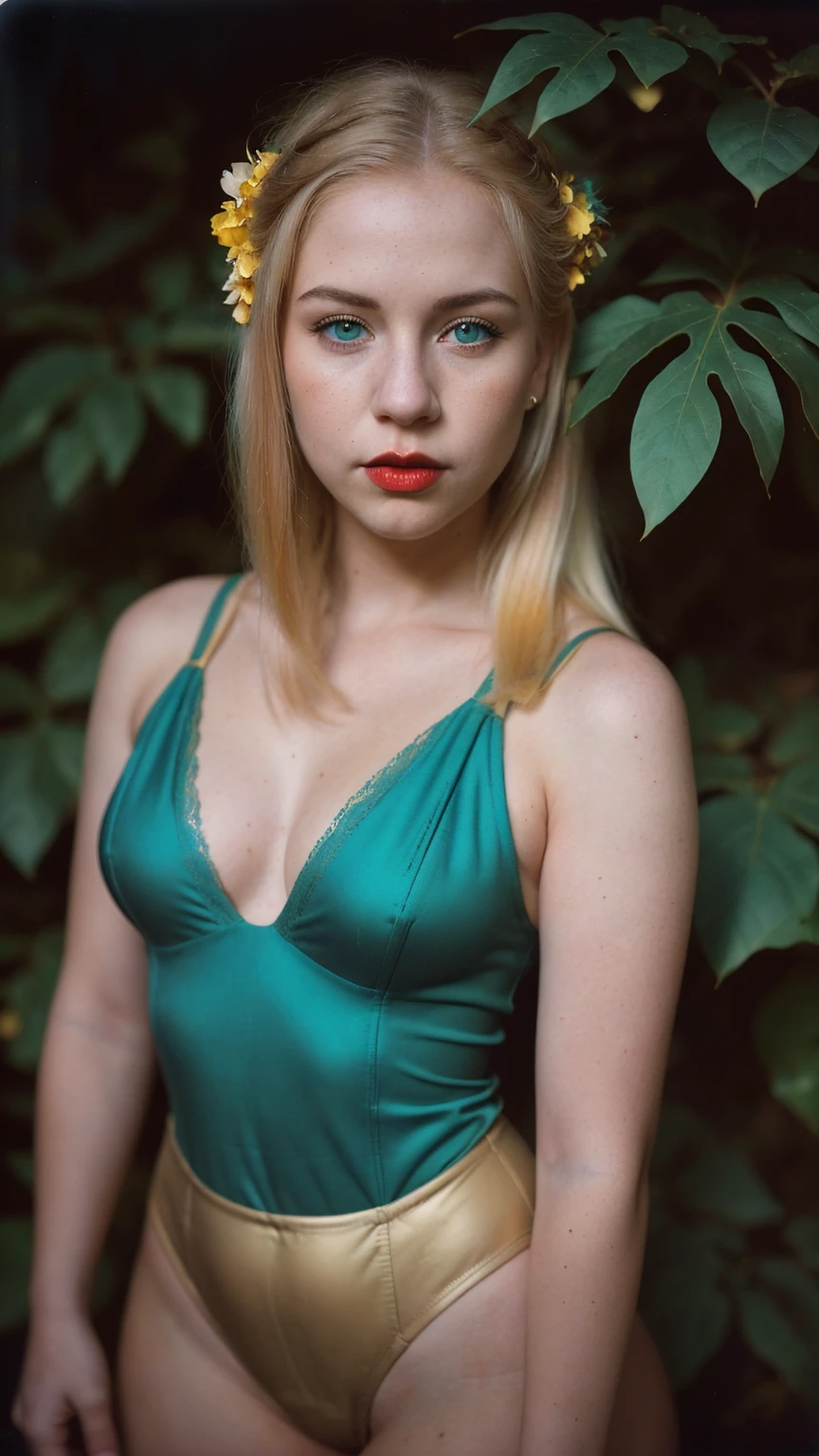 A  BLONDE girl(yellow-hair)in the night, with an exceptionally  figure(freckles:0.55),heart-shaped lips(bold red-lips), pout face expression. Hair: gold-hair(Straight LONG hair). - Eyes: green-eyes - Skin: Very pale skin(porcelain skin). Dressed in a revealing tight lace-outfit(desaturated Chocolate-Brown/ desaturated Turquoise/gold , with intricate floral-patterns, and a ribbon blue-bow tie, gold details) Background: Standing(surrounded by greenery lush plants and cats).
, Visual Effects: - (((Color Palette: desaturated Chocolate-Brown/ desaturated Turquoise/ gold accents))). depth of field. And The colors are desaturated(emphasizing the gloom). The overall effect is akin to the Kodachrome slides of yesteryears, with a touch of Lomography’s(capturing a moment frozen in time). The scene is dark, withbacklighting and a blurred bokeh background. ((CLOSE UP SHOT, from the above view))


The scene is captured on a faded film reminiscent of a 70mm(photo from decades past). The colors are desaturated(emphasizing the gloom). The overall effect is akin to the Kodachrome slides of yesteryears, with a touch of Lomography’s(capturing a moment frozen in time). The scene is dark, with harsh lighting and a blurred bokeh background. In a desaturated Chocolate-Brown/desaturated Turquoise colors palette, accents in gold theme
 ((CLOSE UP SHOT))
