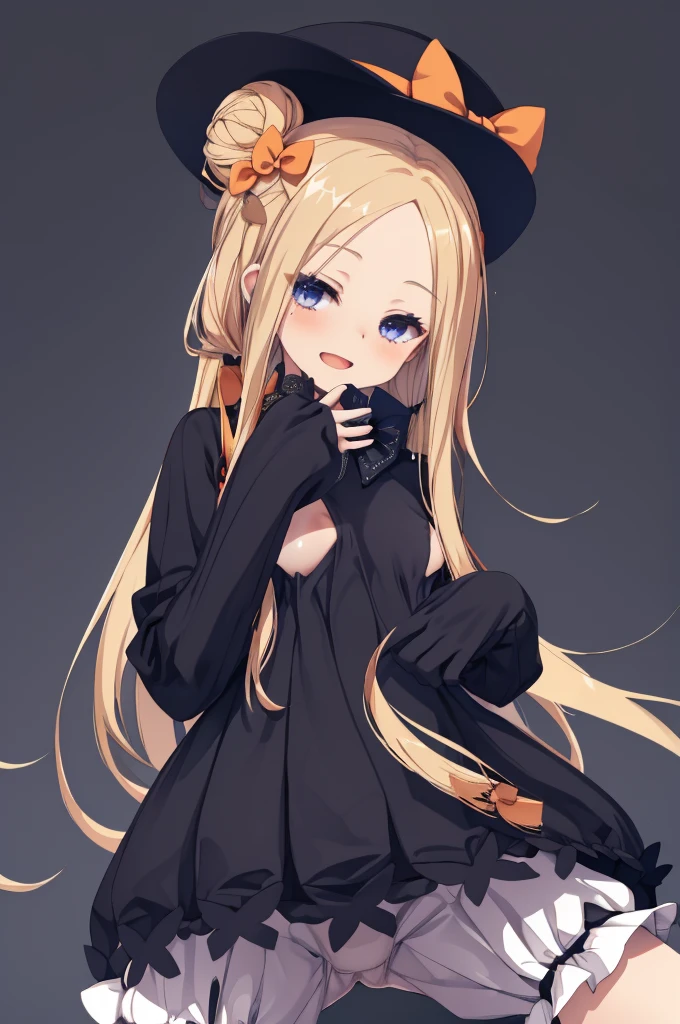 nsfw,((One man and one woman,Having sex)),寝そべっている,Showing off her nipples,masterpiece, best quality, highres, hmaw1, long hair, hat, black dress, long sleeve, black sleeves, white bloomers, cowboy shot,Open Mouth Smile, Simple Background