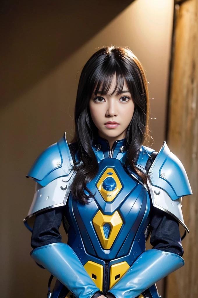 (high resolution, masterpiece, best quality, extremely detailed CG, anime, official art:1.4), realistic, photo, amazing fine details, all intricate, gloss and shiny, awesome many layers, 8k wall paper, 3d, sketch, kawaii, illustration,( solo:1.4), perfect female proportions, (lady:1.2) (solo:1.4), muscular, abs, yellow and blue exoskeleton bio insect suit:1.4), (cyan blue exoskeleton armor:1.2) antennae:1.3), hood, cloak,