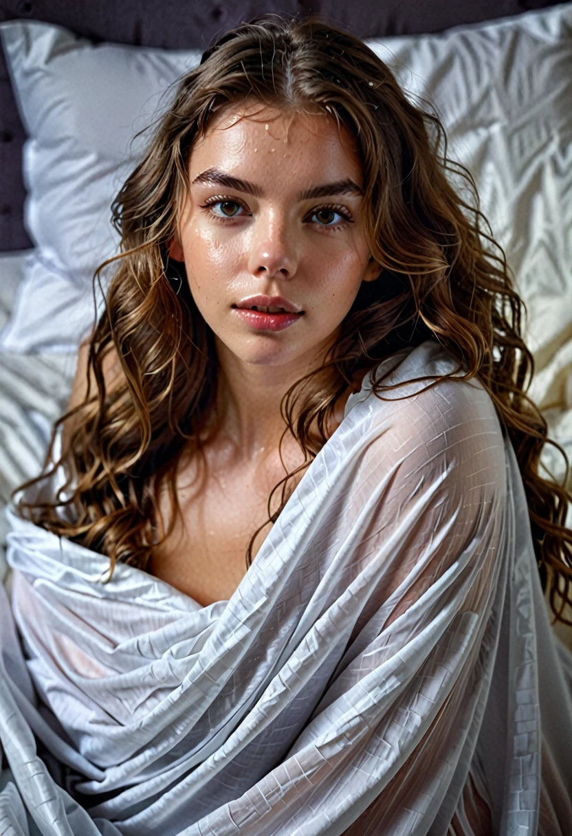 photo of Anya Taylor, 25 years old, raw, Beautiful woman, (Extra Long Wavy Light Brown Hair), very big breaths, tanned, ((portrait)), ((Detailed face:1.2)), ((Detailed facial features. Piel con detalles Detaileds.), pale skin, , wrapped in a sheet, bedroom environment, Lying on the bed, (cold color), wet, wet, reflectorasutepiece) (perfect proportions)(Realistic photos)(Best Quality) (Detailed) photographed with a Canon EOS R5, 50mm lens, f/2.8, nffsw, (8K) (wallpaper) (cinematic lighting) (dramatic lighting) (sharp focus) (complex) fashion, from above