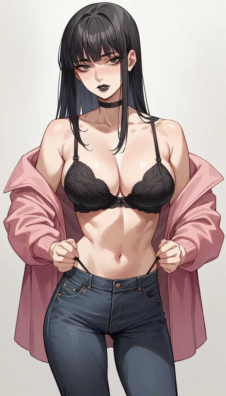 score_9, score_8_up, score_7_up, source_anime, rating_explicit , beautyful mature japanese woman, skinny slender body, black bra, pink jacket, lax face, black big chocker, lowered black jeans,big long fringe black hair, black lipstick, black  panties