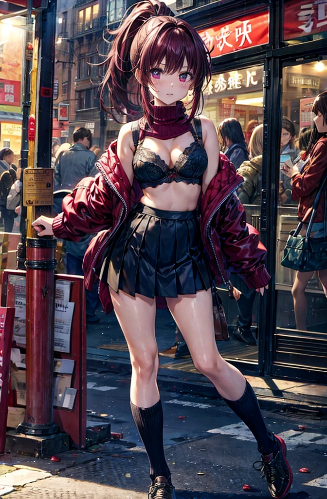 Tabletop, One Girl, Merlot Hair, ponytail, Merlot Eyes, tears, Full body image、(Flip-up sweater, Bra exposure:1.5)、I rode it a lot、Browsing Caution、Detailed bra、Embarrassing、Black Skirt