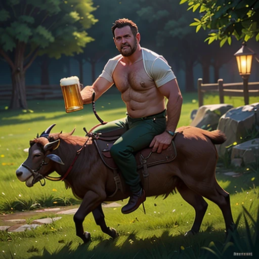 middle-aged man, riding on a goat, (drinking beer:1.2), bare-chested, green grass garden, dadbod, angry expression, unnerving grin, intricate details, oil painting, cinematic lighting, highly detailed, dramatic, masterpiece, digital art