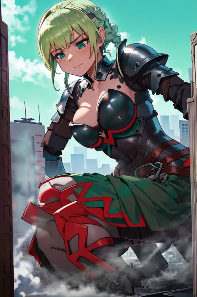 GtsGiga,knight,steel plated armor,green accents,muscalr,fair skin ton,giantess art,cityscape,Rampage, short hair,blonde,french braids,best quailty,masterpiece,mature meduim bosom,solo,1girl,dark knight