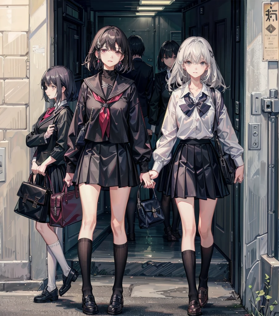 full body, delicate facial features, medium tits, medium hair, black hair, tearful mole, earring, 3girls, different clothes, school_uniform, shirt, skirt,