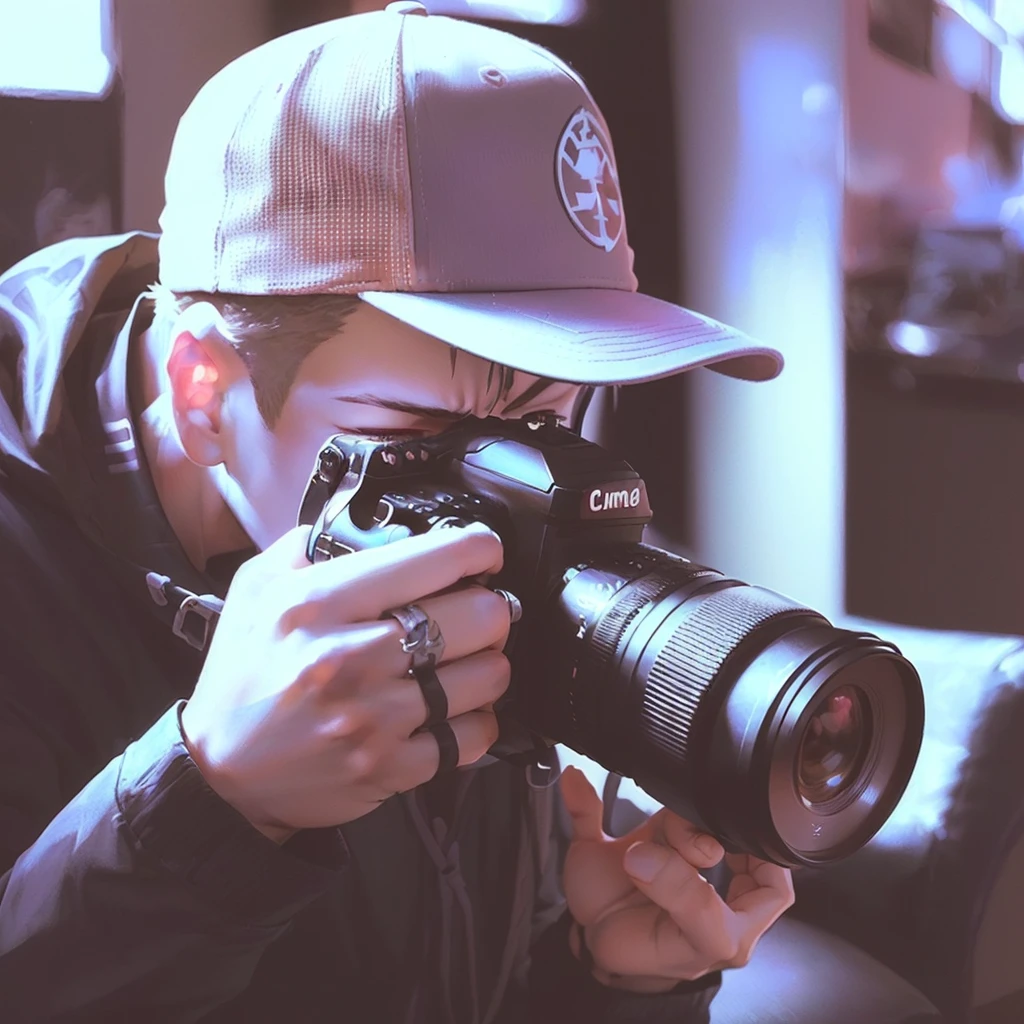 (((anime style, cartoon style))), young man taking a photo from a camera with a cap