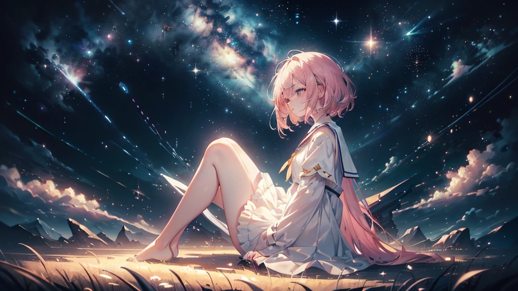 (((Highest quality、masterpiece、Ultra-fine、Ultra-fine、Exquisite、16K、Full HD,high school girl,))) 、Sitting,((Sad), (((profile,Looking up)))) 、Dark Eyes、Long eyelashes、White skin、(Pale pink lips、Pale pink cheeks、thin and long)、 ((cute)) ((One person)) 、((Glare)) 、Wide Shot、Space galaxy background、(A magnificent composition、epic proportion)、Dynamic lighting、